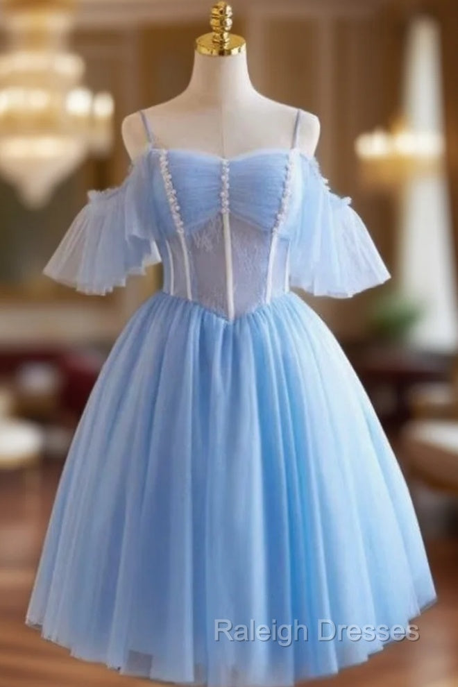 Blue Tulle Lace Spaghetti Straps Pleats Homecoming Dresses