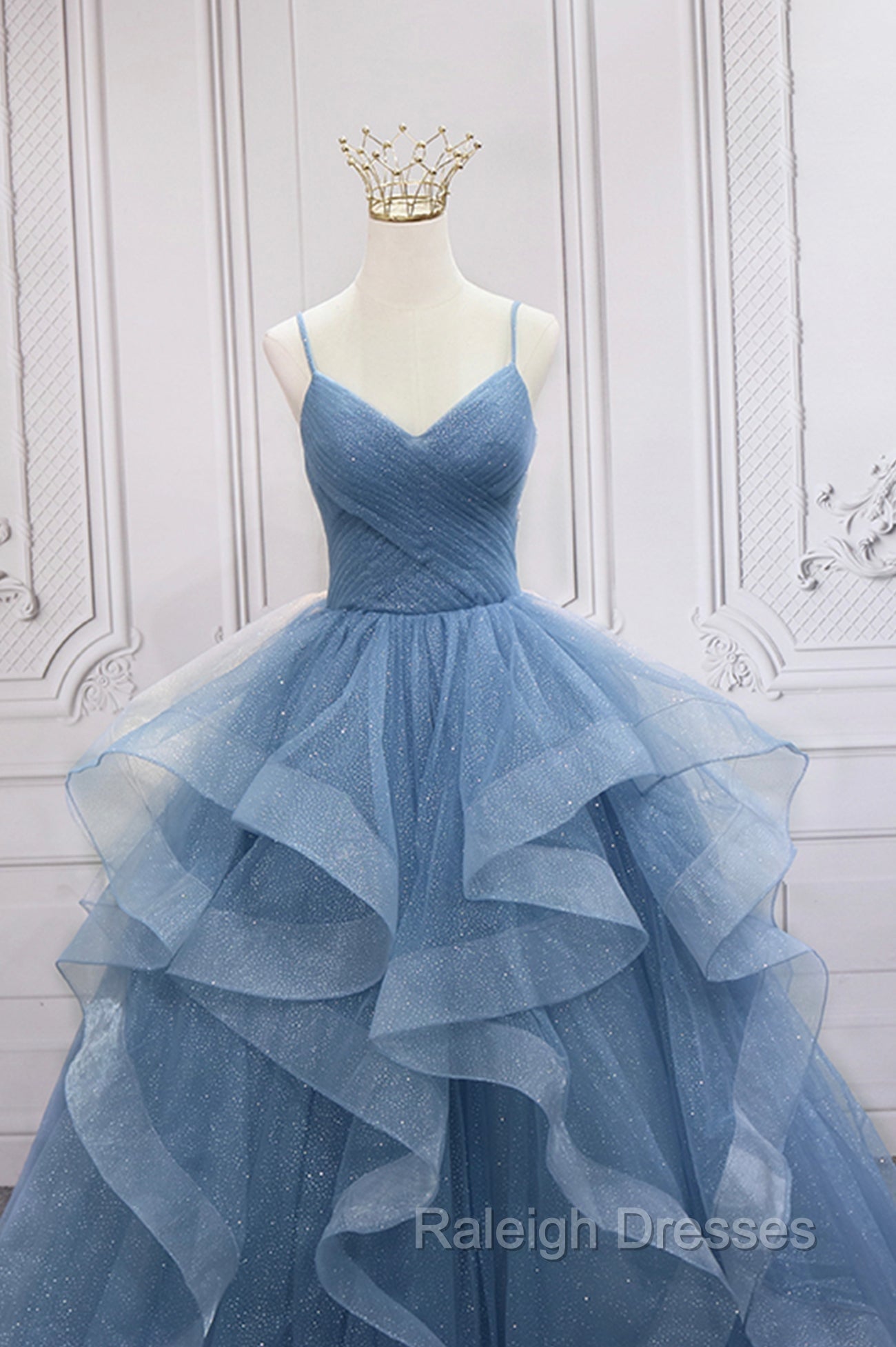 Blue Tulle Layers Long Formal Dress, Blue Tulle with Straps Party Dress