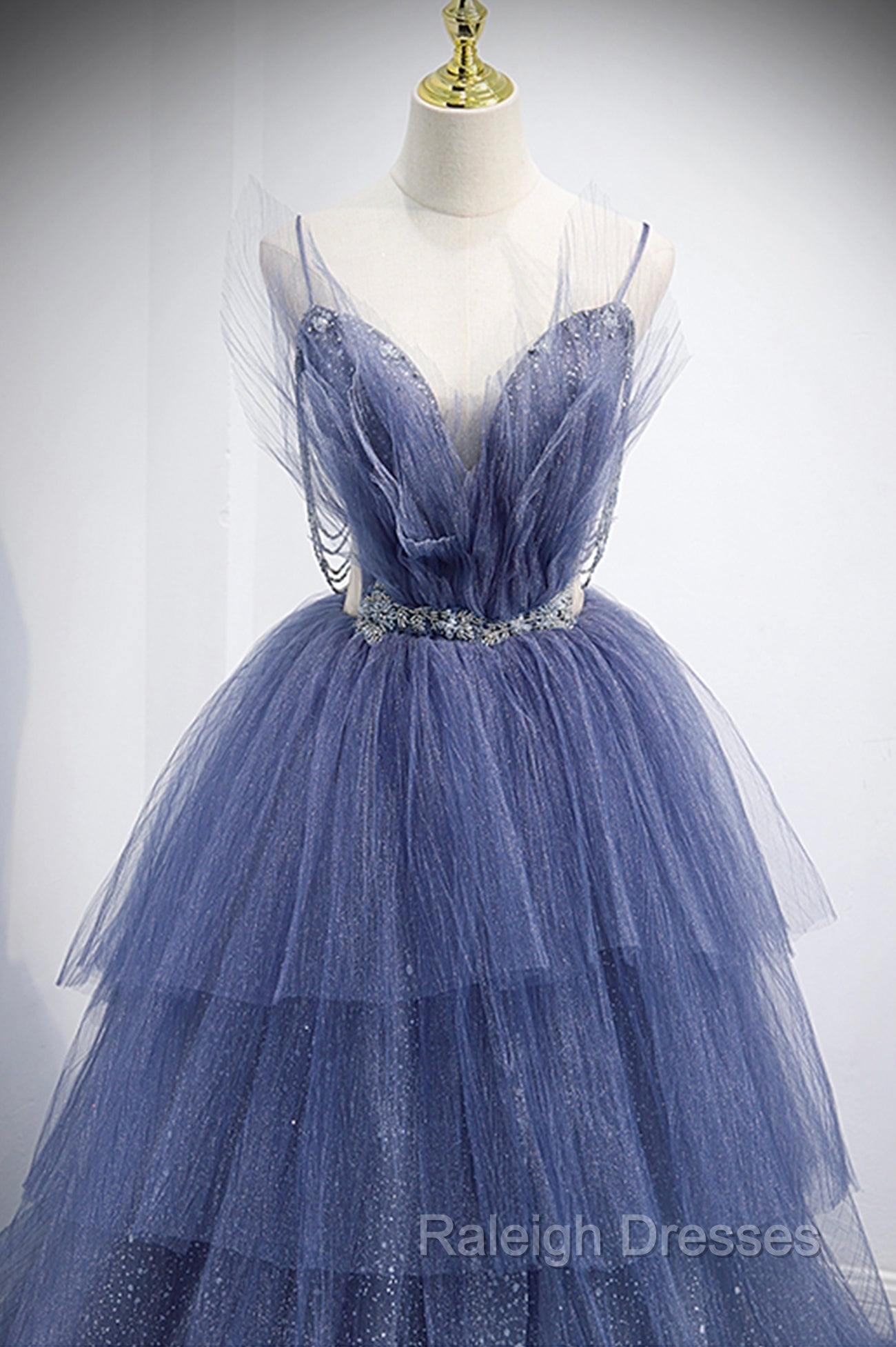 Blue Tulle Layers Long Prom Dresses A Line Spaghetti Strap Prom Dresses