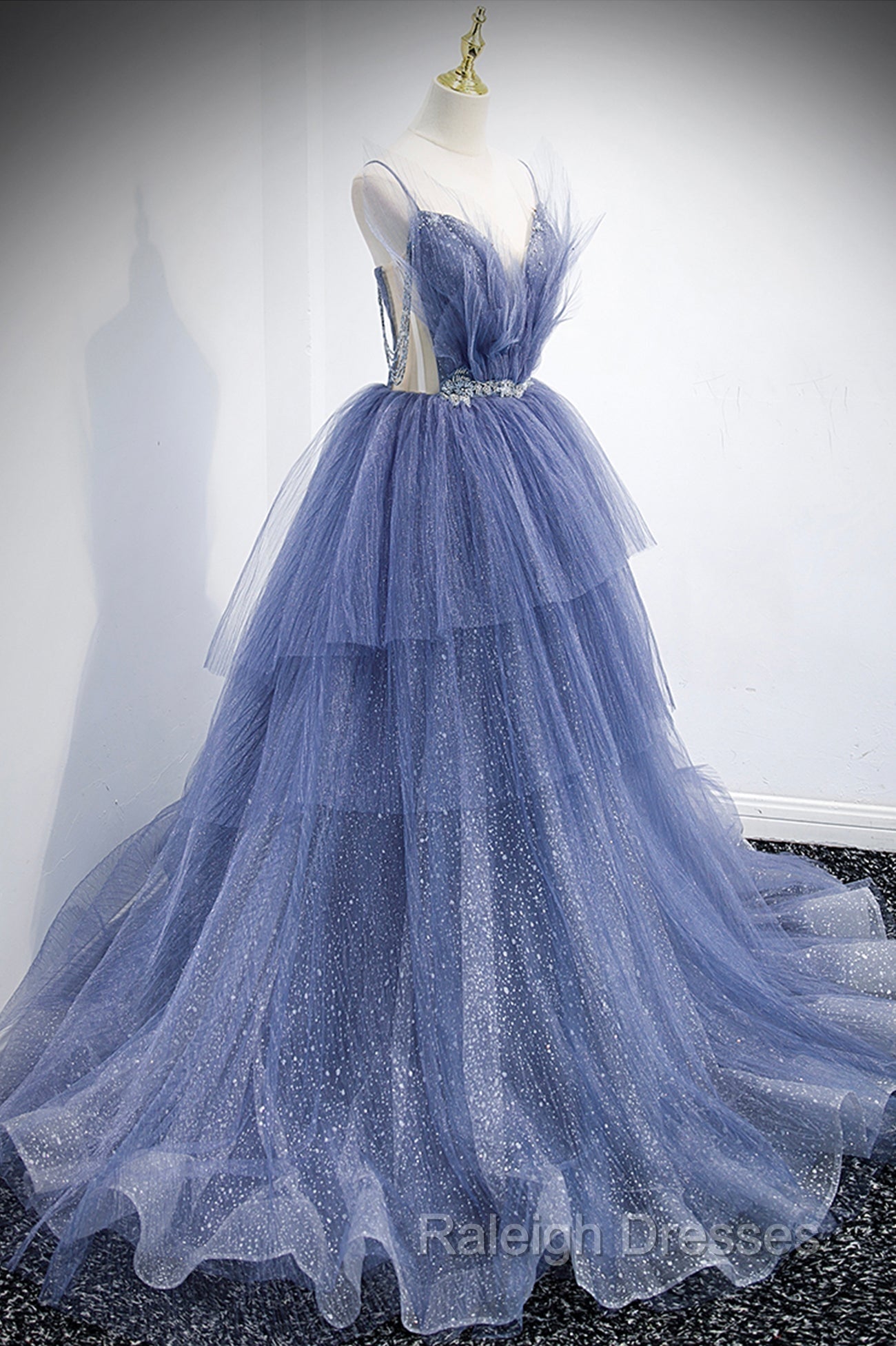 Blue Tulle Layers Long Prom Dress, A-Line Spaghetti Strap Party Dress Secondary image