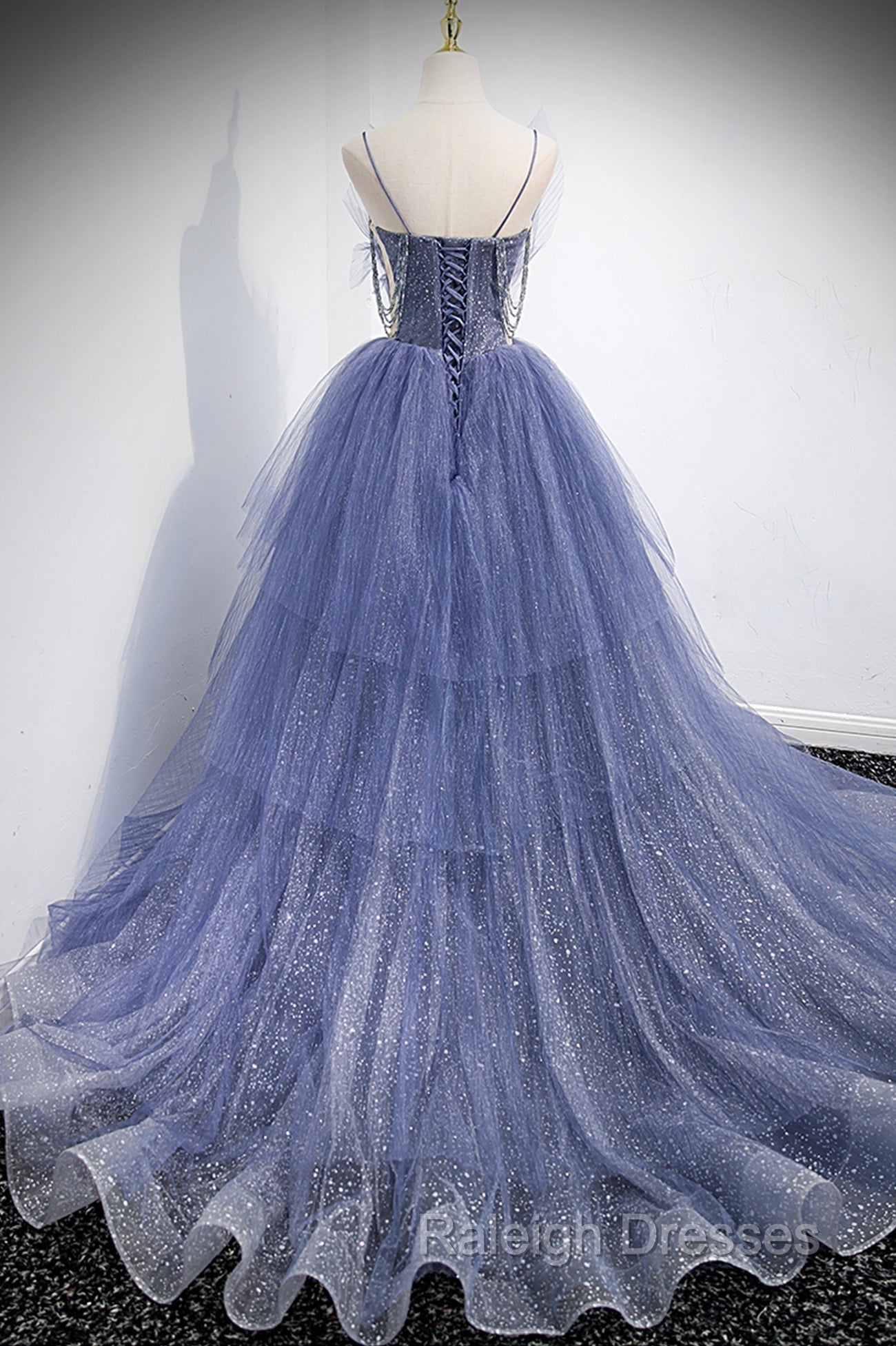 Blue Tulle Layers Long Prom Dresses A Line Spaghetti Strap Prom Dresses