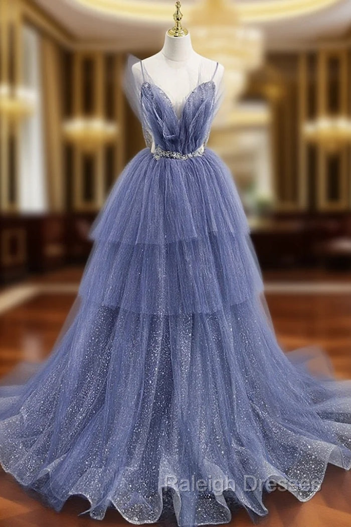 Blue Tulle Layers Long Prom Dress, A-Line Spaghetti Strap Party Dress