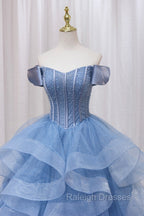 Blue Tulle Layers Long Prom Gown, A-Line Blue Evening Dress