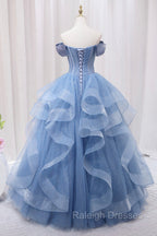 Blue Tulle Layers Long Prom Gown, A-Line Blue Evening Dress