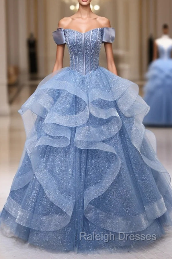 Blue Tulle Layers Long Prom Gowns, A Line Blue Prom Dress Main image