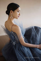 Blue Tulle Layers Straps Beaded Long Formal Dress, Beautiful A-Line Prom Dress