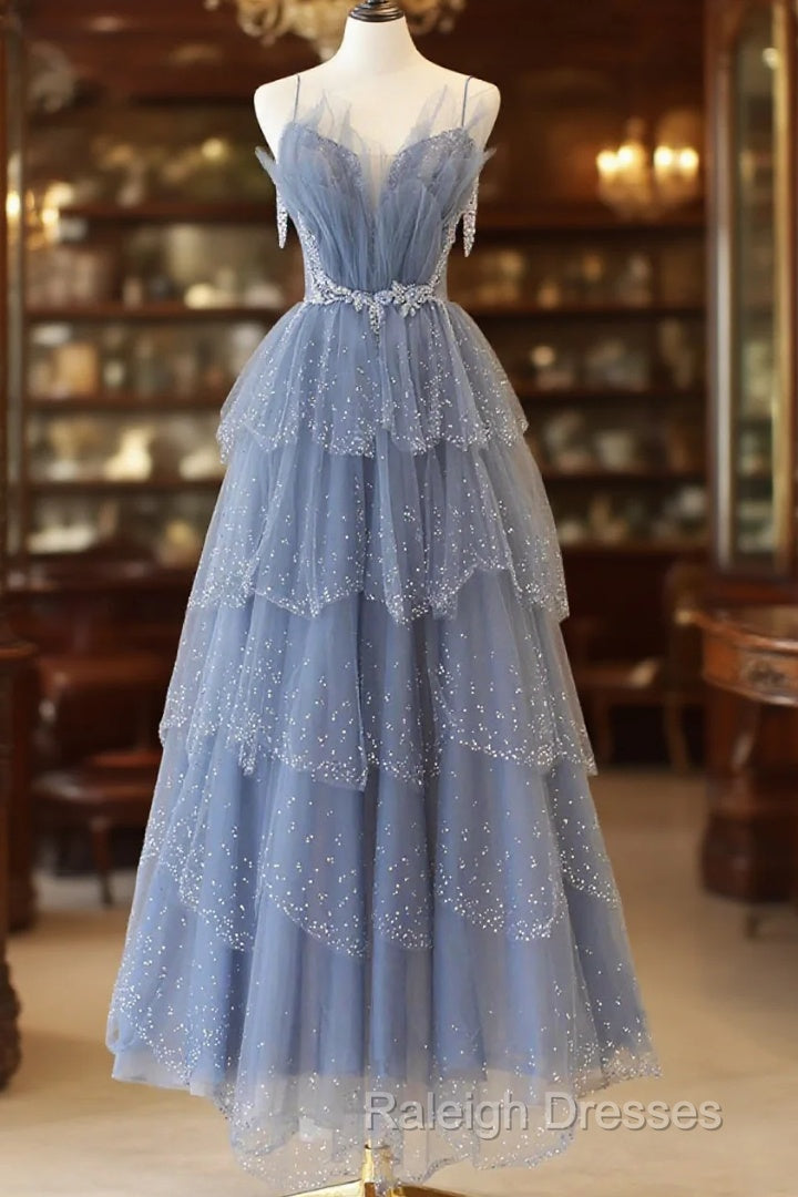 Blue Tulle Layers Straps Beaded Long Prom Dress, Blue A-Line Evening Dress Main image