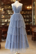 Blue Tulle Layers Straps Beaded Long Prom Dress, Blue A-Line Evening Dress