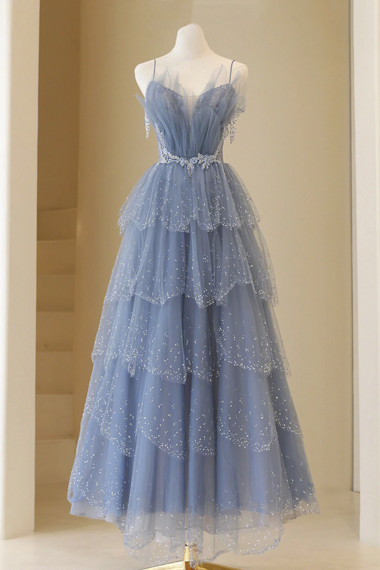Blue Tulle Layers Straps Beaded Long Prom Dress, Blue A-Line Evening Dress Main image