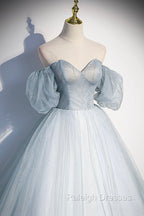 Blue Tulle Long A-Line Ball Gown, Off the Shoulder Formal Evening Dress