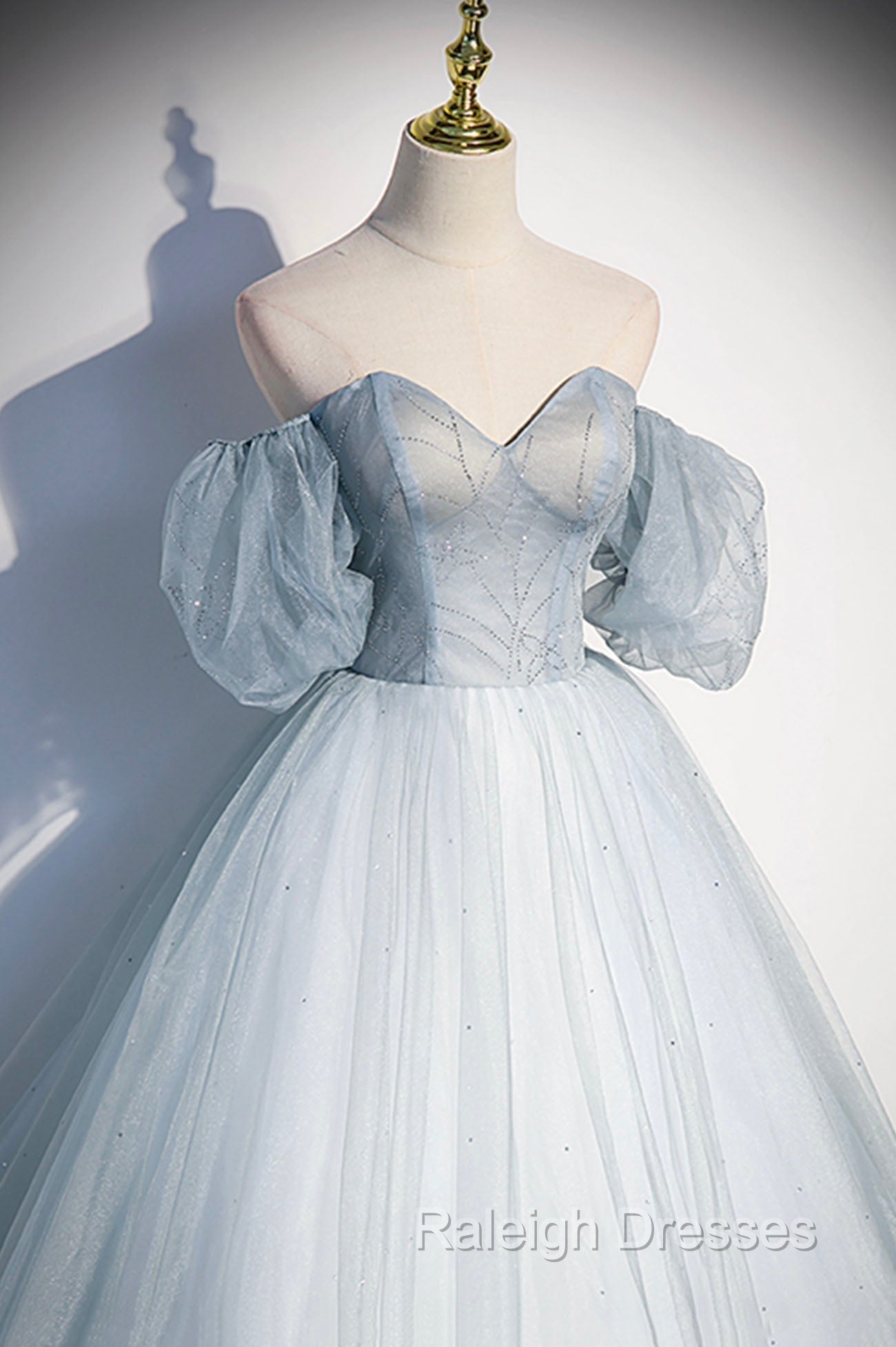 Blue Tulle Long A-Line Ball Gown, Off the Shoulder Formal Evening Dress