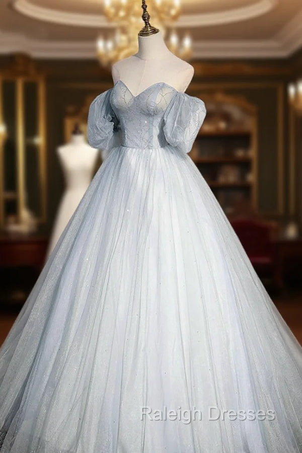 Blue Tulle Long A-Line Ball Gown, Off the Shoulder Formal Evening Dress