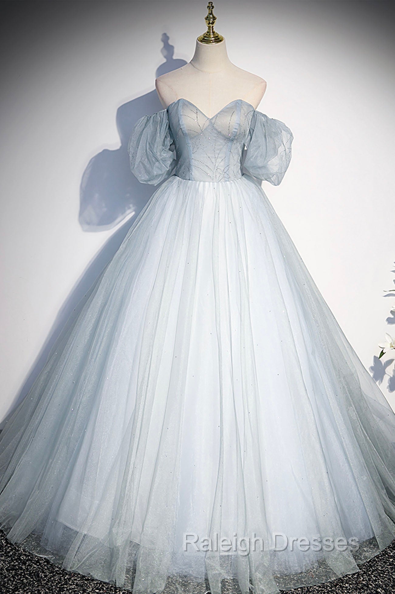 Blue Tulle Long A-Line Ball Gown, Off the Shoulder Formal Evening Dress Main image