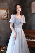 Blue Tulle Long  A-Line Formal Dresses, Shiny V-Neck Evening Dresses
