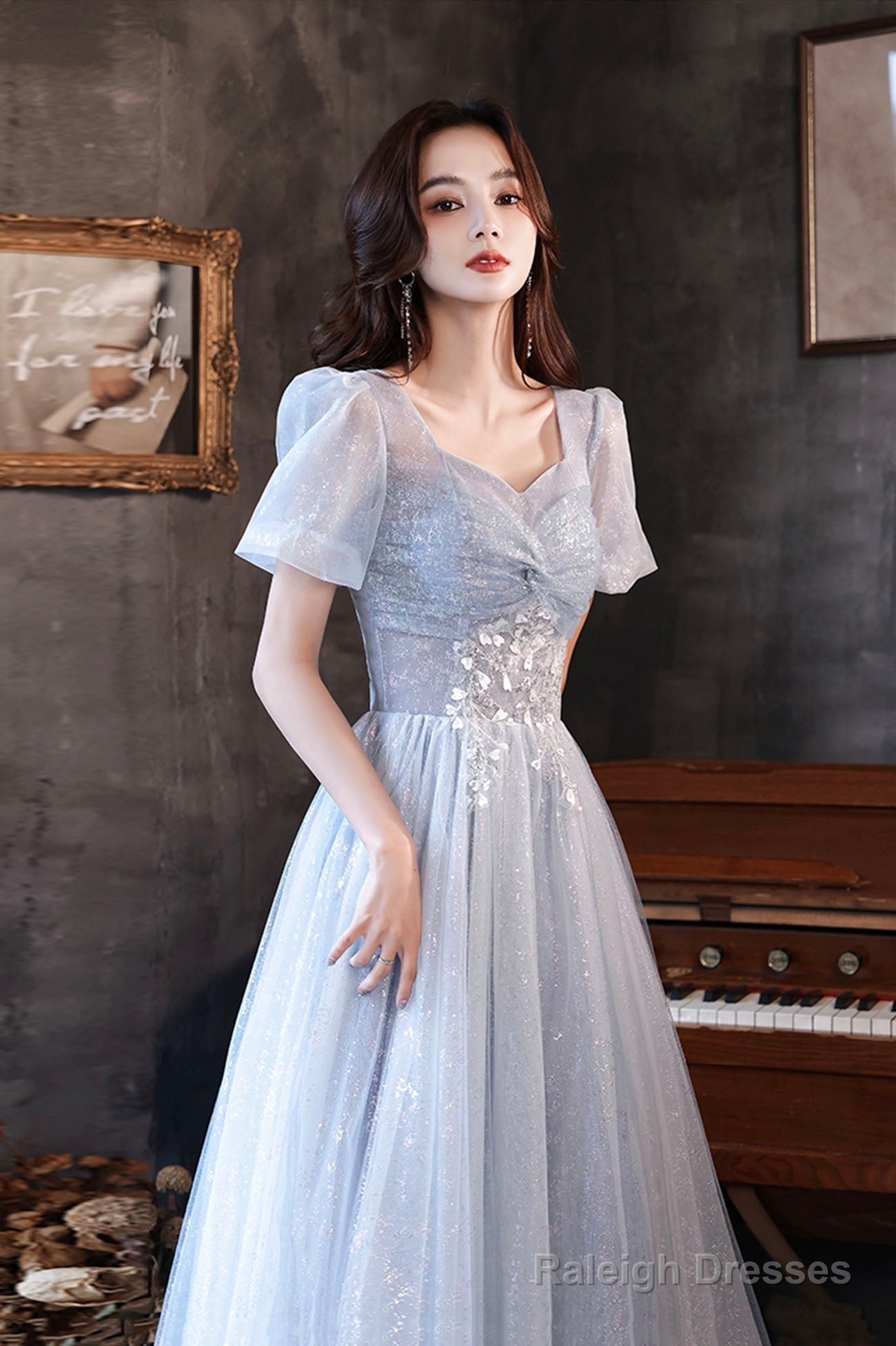 Blue Tulle Long  A-Line Formal Dresses, Shiny V-Neck Evening Dresses