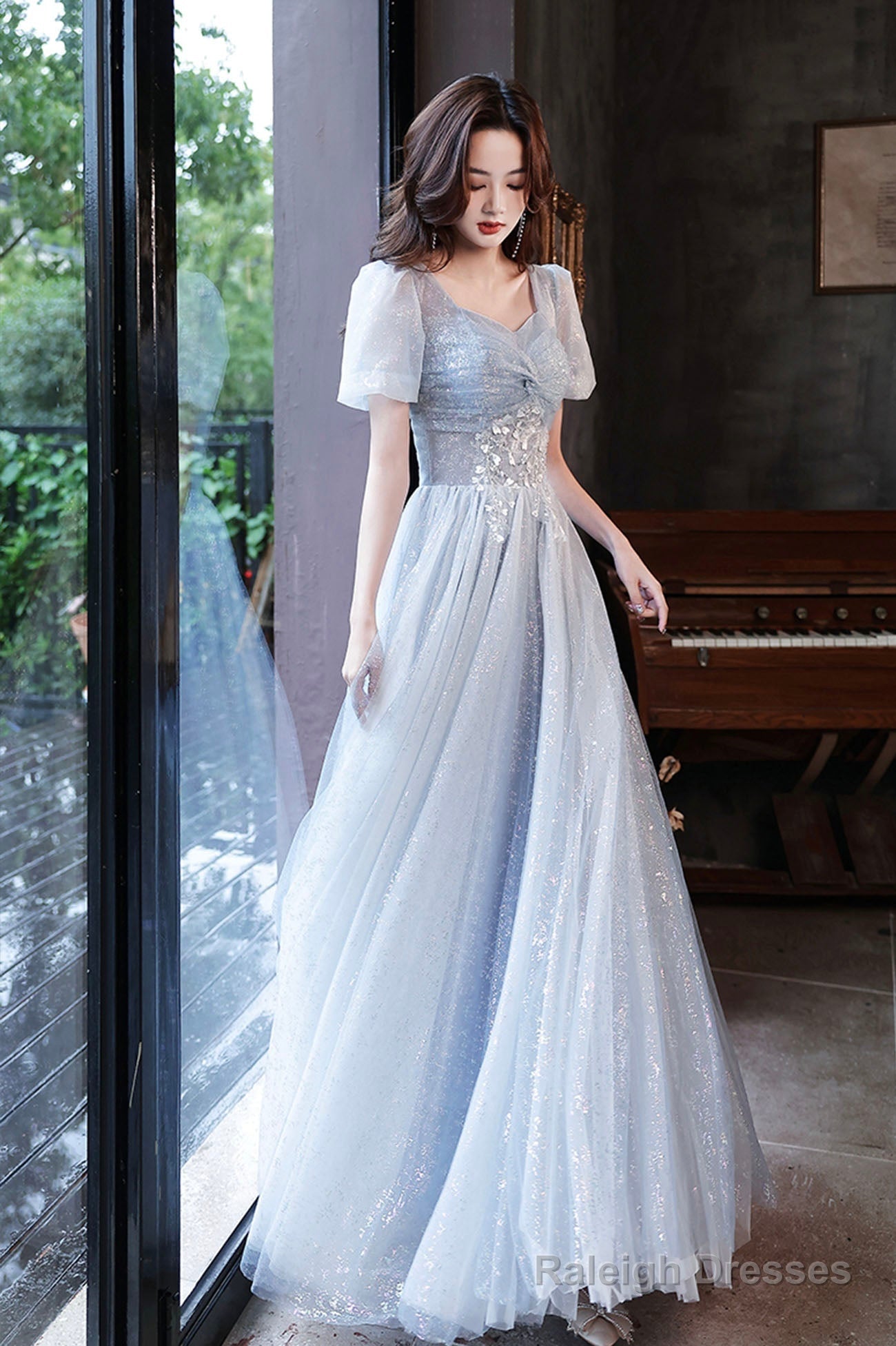 Blue Tulle Long  A-Line Formal Dresses, Shiny V-Neck Evening Dresses