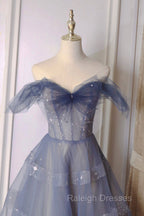 Blue Tulle Long A-Line Prom Dress