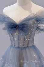 Blue Tulle Long A Line Prom Dresses