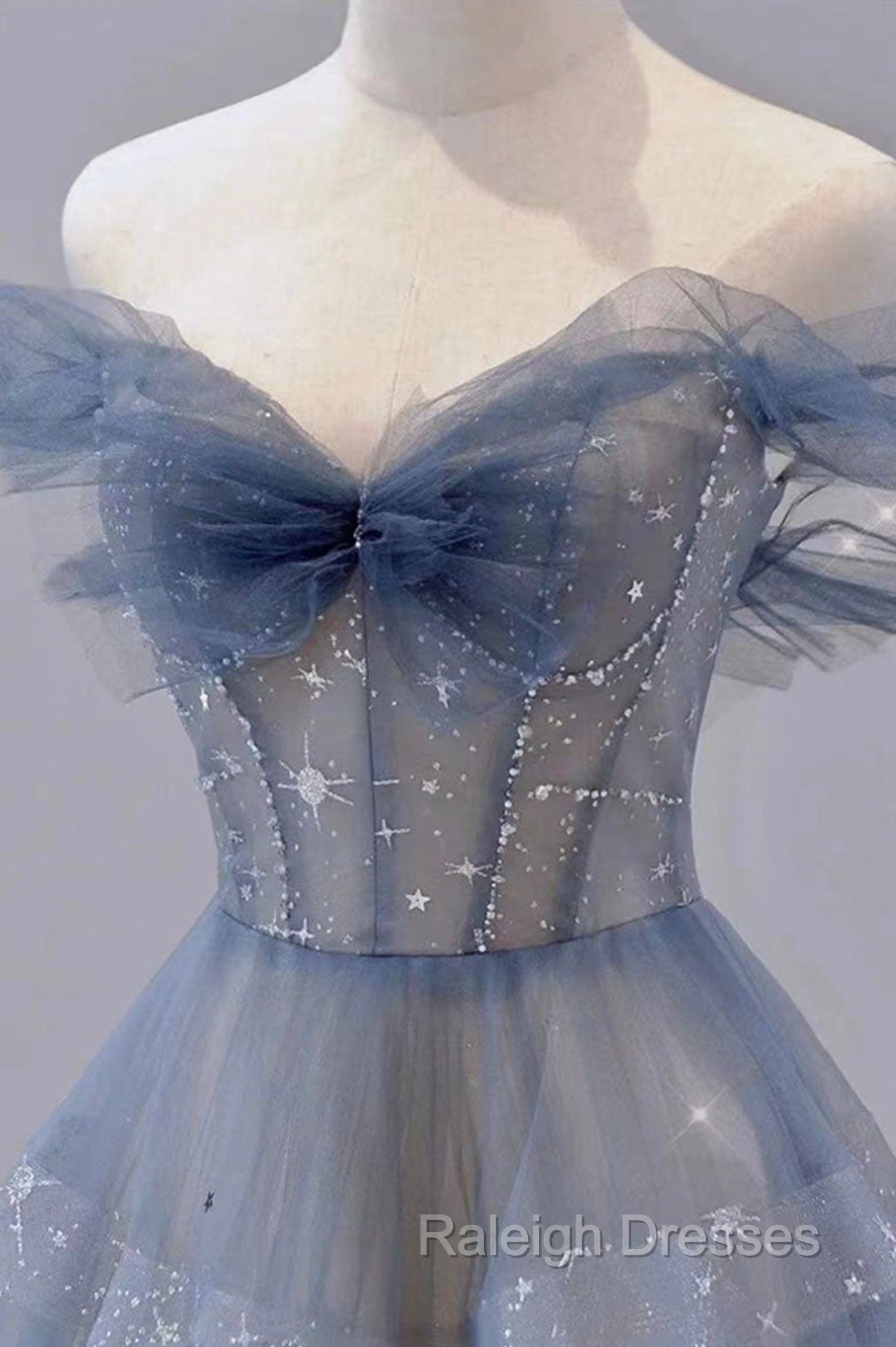 Blue Tulle Long A Line Prom Dresses