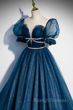 Blue Tulle Long A Line Prom Dress, A Line Short Sleeve Prom Dress