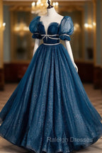 Blue Tulle Long A Line Prom Dress, A Line Short Sleeve Prom Dress