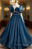 Blue Tulle Long A Line Prom Dress, A Line Short Sleeve Prom Dress