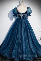 Blue Tulle Long A-Line Prom Dress, A-Line Short Sleeve Evening Dress