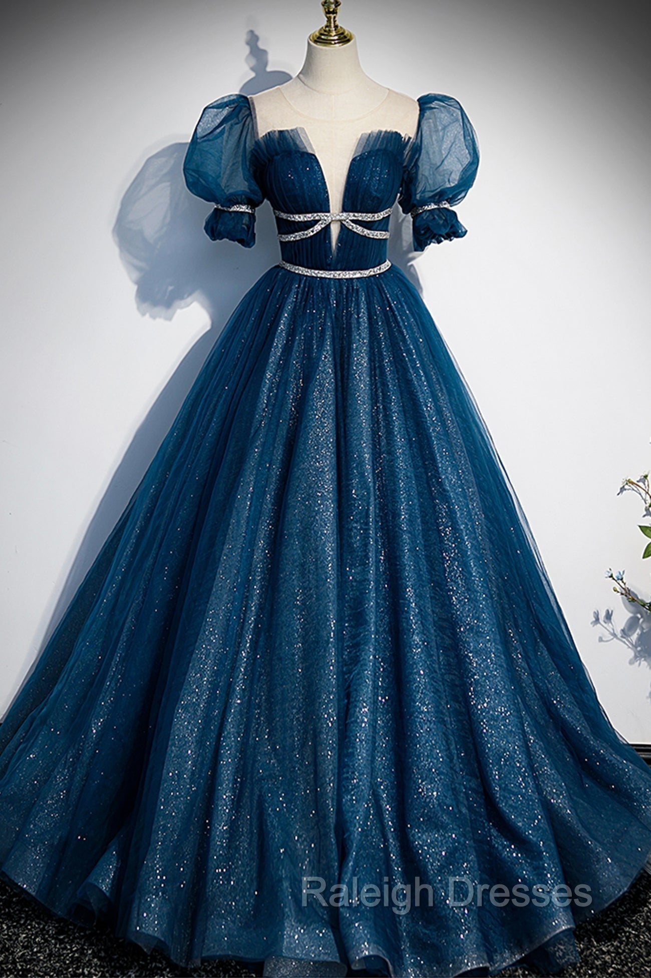 Blue Tulle Long A-Line Prom Dress, A-Line Short Sleeve Evening Dress Main image