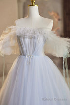 Blue Tulle Long A-Line Prom Dress, Beautiful Off The Shoulder Evening Party Dress