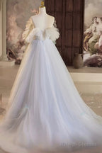 Blue Tulle Long A-Line Prom Dress, Beautiful Off The Shoulder Evening Party Dress