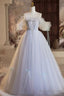 Blue Tulle Long A-Line Prom Dress, Beautiful Off The Shoulder Evening Party Dress