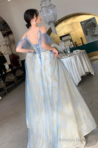 Blue Tulle Long A-Line Prom Dress, Beautiful Sequins Evening Graduation Dress