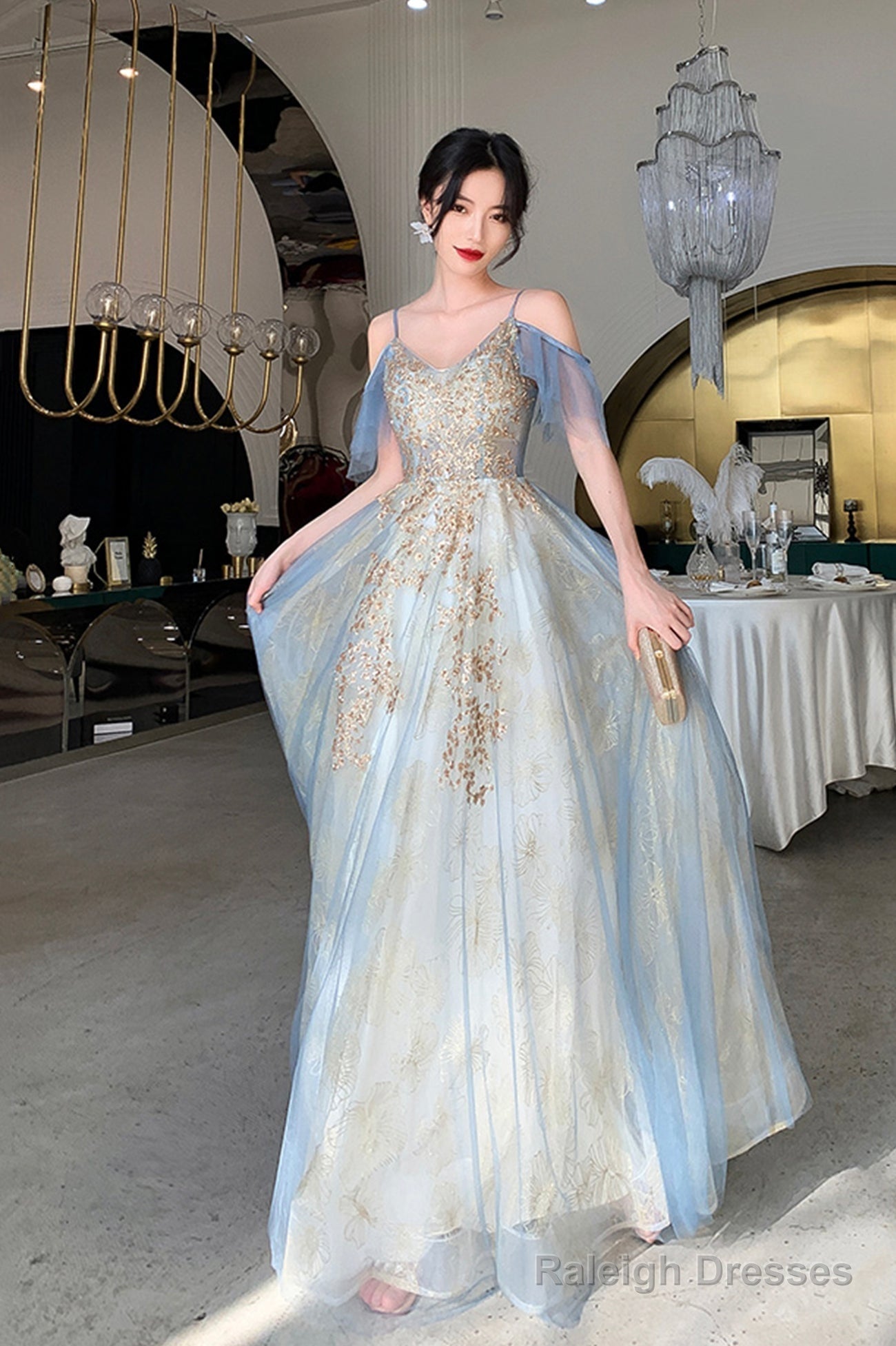 Blue Tulle Long A-Line Prom Dress, Beautiful Sequins Evening Graduation Dress