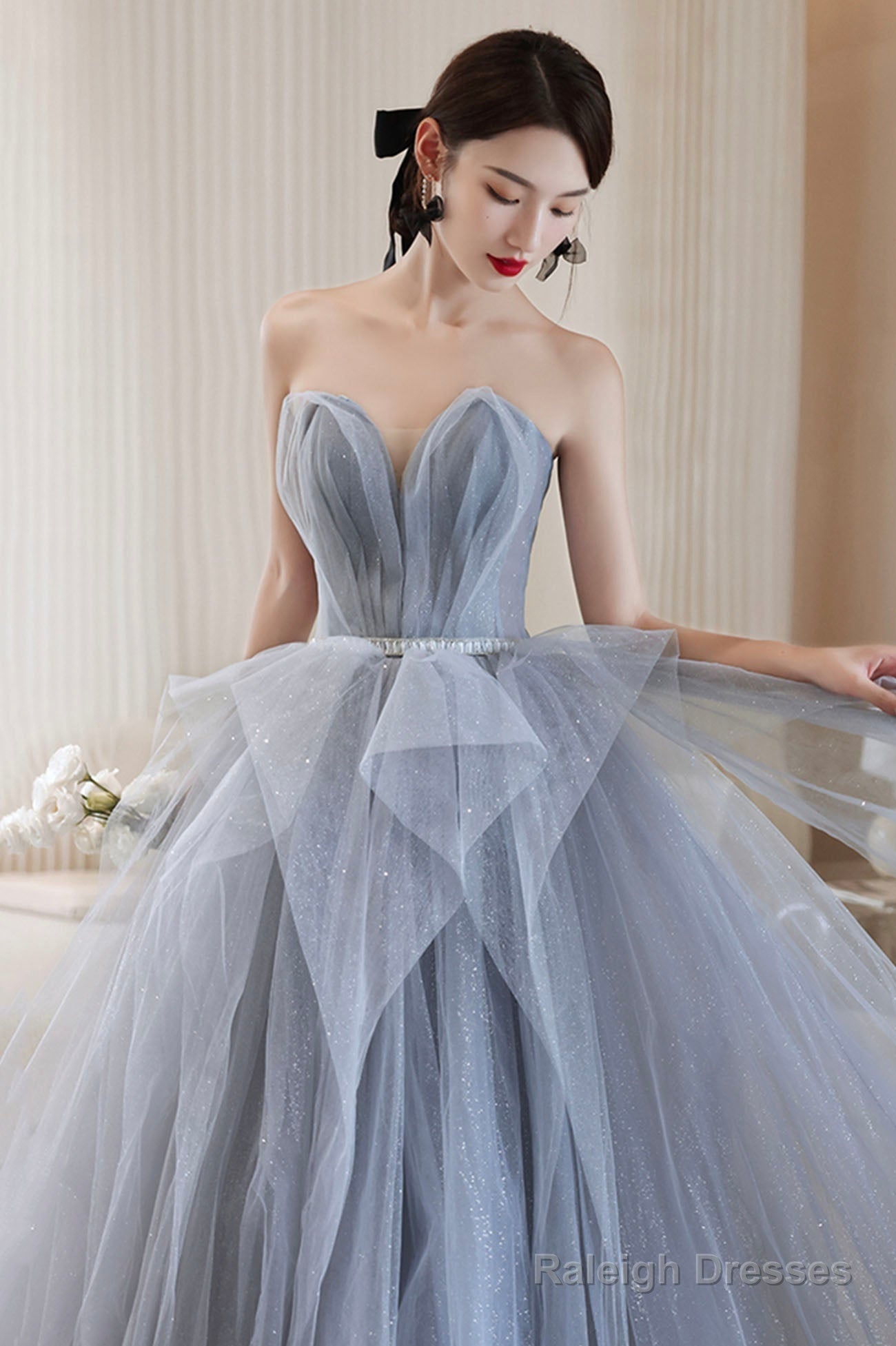 Blue Tulle Long A-Line Prom Dress, Blue Off The Shoulder Evening Graduation Dress Secondary image