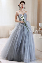 Blue Tulle Long A-Line Prom Dress, Blue Off The Shoulder Evening Graduation Dress