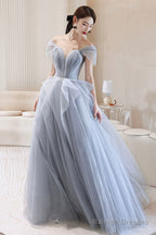 Blue Tulle Long A-Line Prom Dress, Blue Off The Shoulder Evening Graduation Dress