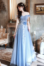 Blue Tulle Long A-Line Prom Dress, Blue Off The Shoulder Evening Party Dress