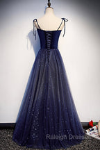 Blue Tulle Long A Line Prom Dress, Blue Spaghetti Strap Prom Prom Dress