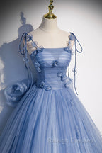 Blue Tulle Long A Line Prom Dresses Blue Spaghetti Straps Prom Dresses with Bow