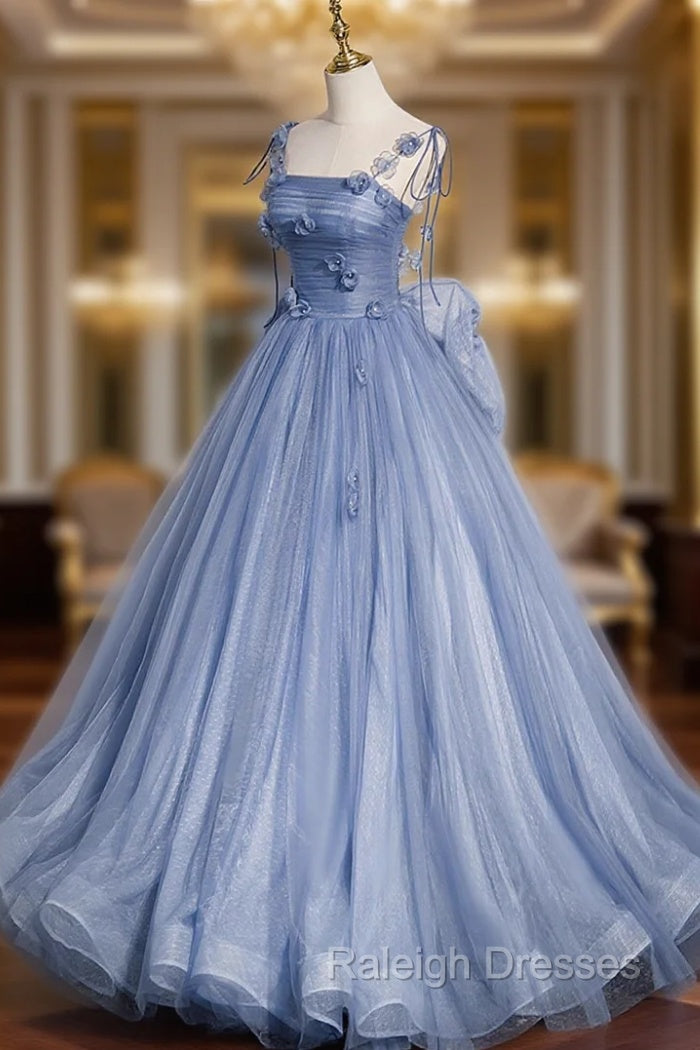 Blue Tulle Long A-Line Prom Dress, Blue Spaghetti Straps Party Dress with Bow Main image