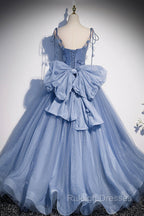 Blue Tulle Long A Line Prom Dresses Blue Spaghetti Straps Prom Dresses with Bow