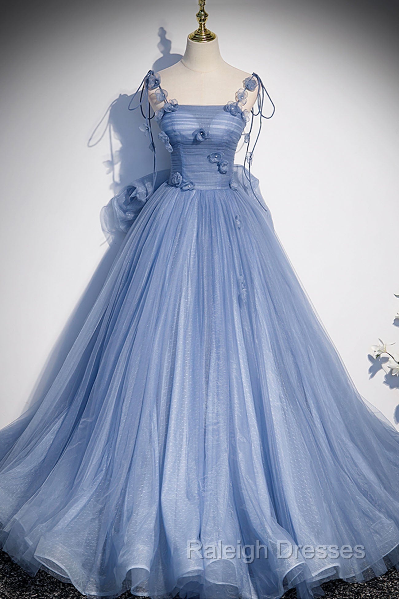 Blue Tulle Long A Line Prom Dresses Blue Spaghetti Straps Prom Dresses with Bow
