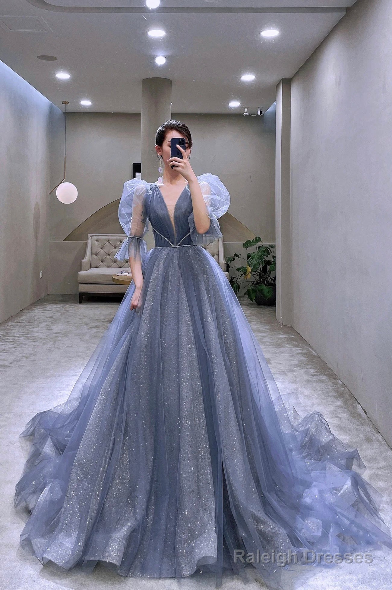 Blue Tulle Long A-Line Prom Dress, Cute Puff Sleeve Formal Evening Dress Main image