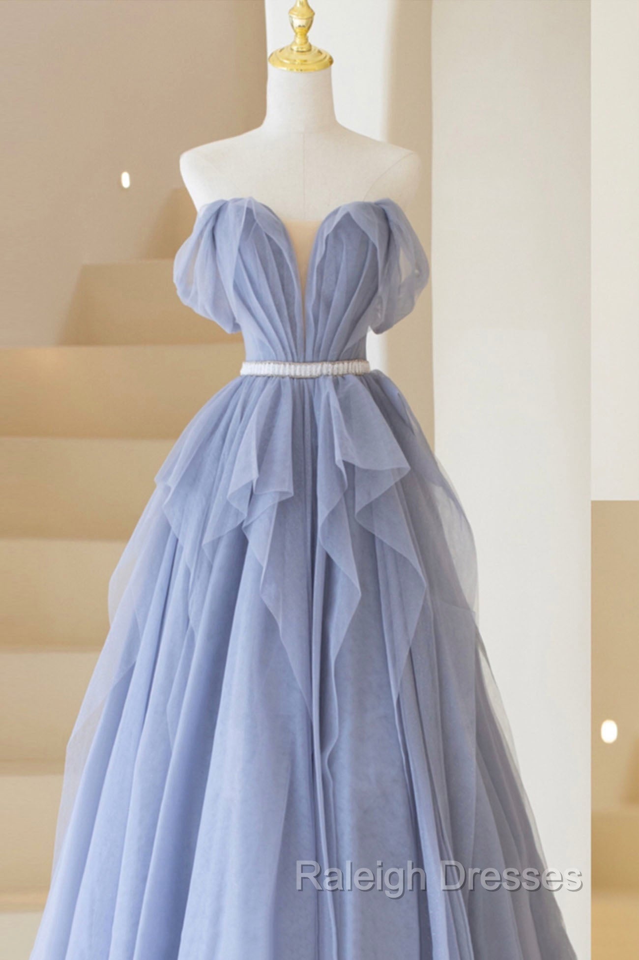 Blue Tulle Long A Line Prom Dress, Cute Strapless Graduation Dress Secondary image