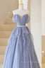 Blue Tulle Long A Line Prom Dress, Cute Strapless Graduation Dress