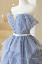 Blue Tulle Long A Line Prom Dress, Cute Strapless Graduation Dress