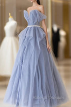 Blue Tulle Long A Line Prom Dress, Cute Strapless Graduation Dress