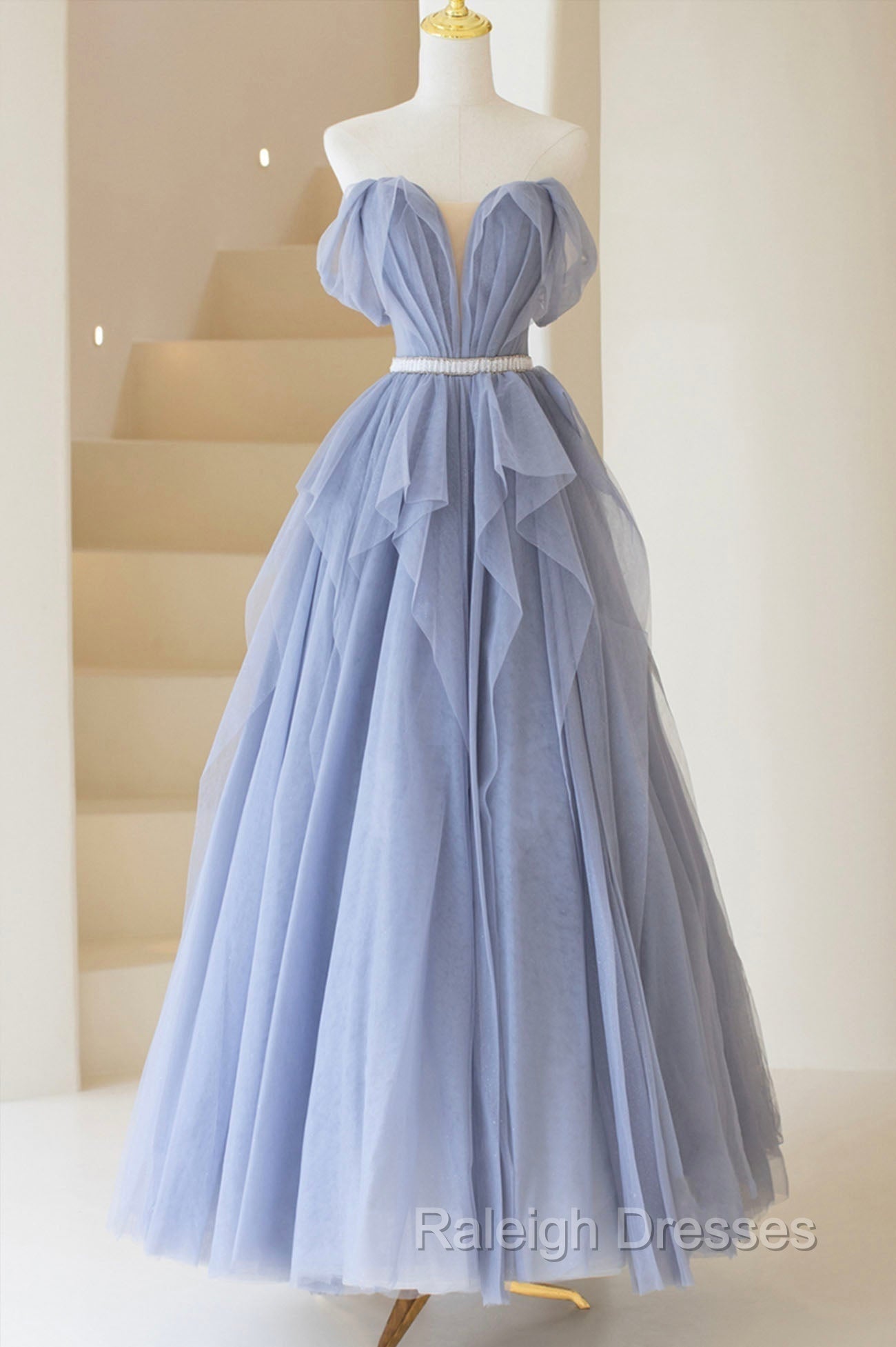 Blue Tulle Long A-Line Prom Dress, Cute Strapless Graduation Dress Main image