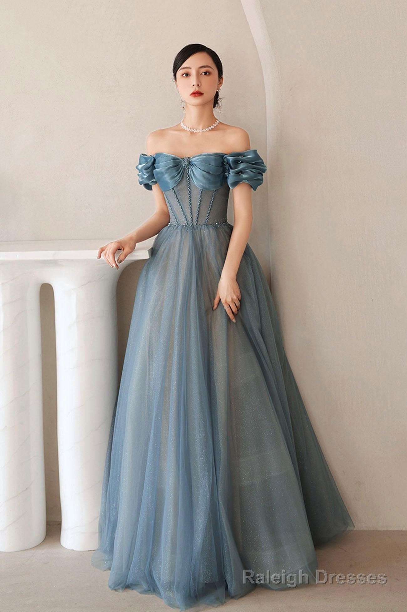 Blue Tulle Long A-Line Prom Dress, Elegant Off The Shoulder Formal Evening Dress Secondary image