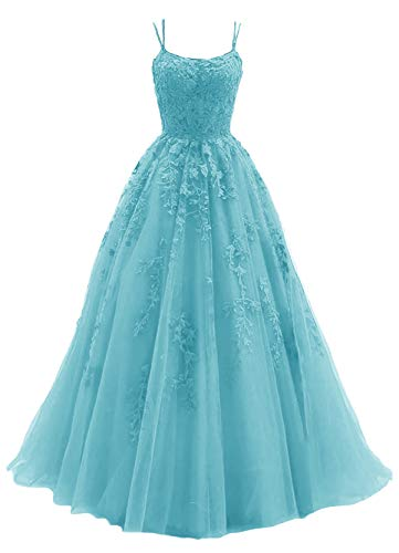 Blue Tulle Long A Line Prom Dress Lace Evening Dress Secondary image